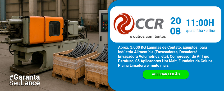 Leilão GRUPO CCR e OUTROS COMITENTES de Equiptos. p/Ind. Alimentícia, 3.000 KG Lâminas de Contato e muito mais