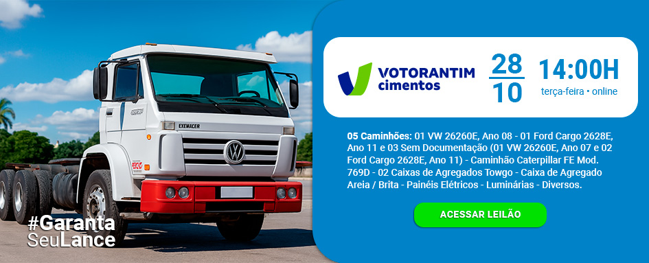 Leilão Votorantim de Caminhões, Furadeira, Luminárias, Sucatas e muito mais