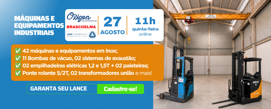 Leilão de 42 máquinas e equipamentos em inox, 02 sistemas de exaustão, 02 empilhadeiras elétricas, 02 paleteiras e + | DeSeuLance